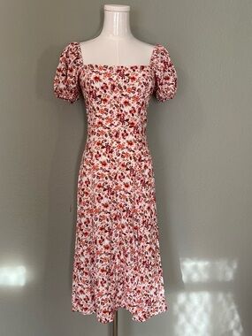 miami Floral Square-Neck Midi Dress in Red and Cream